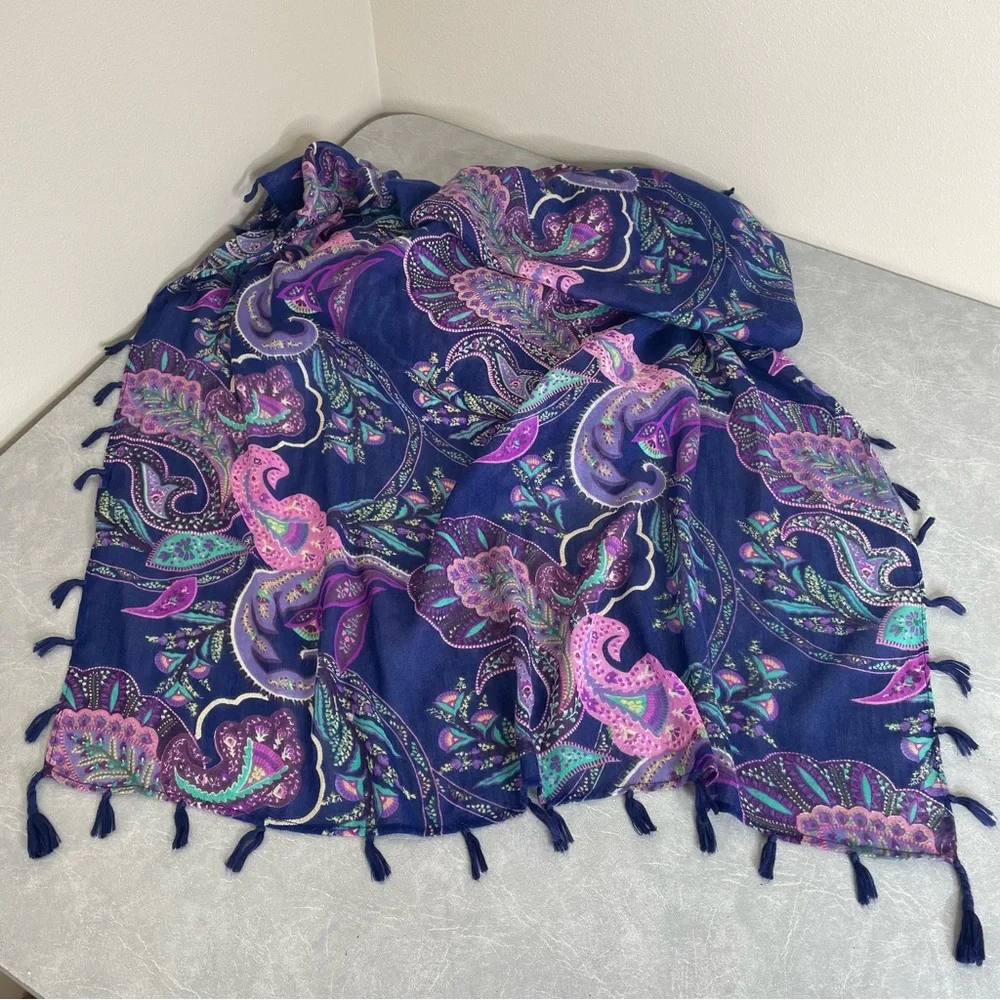 Elegant Navy, Pink and Purple Paisley Scarf with Tassels